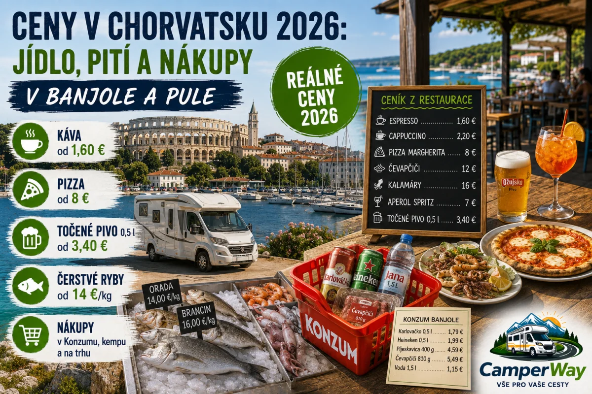 Ceny v Chorvatsku 2026: jídlo, pití a nákupy v Banjole a Pule